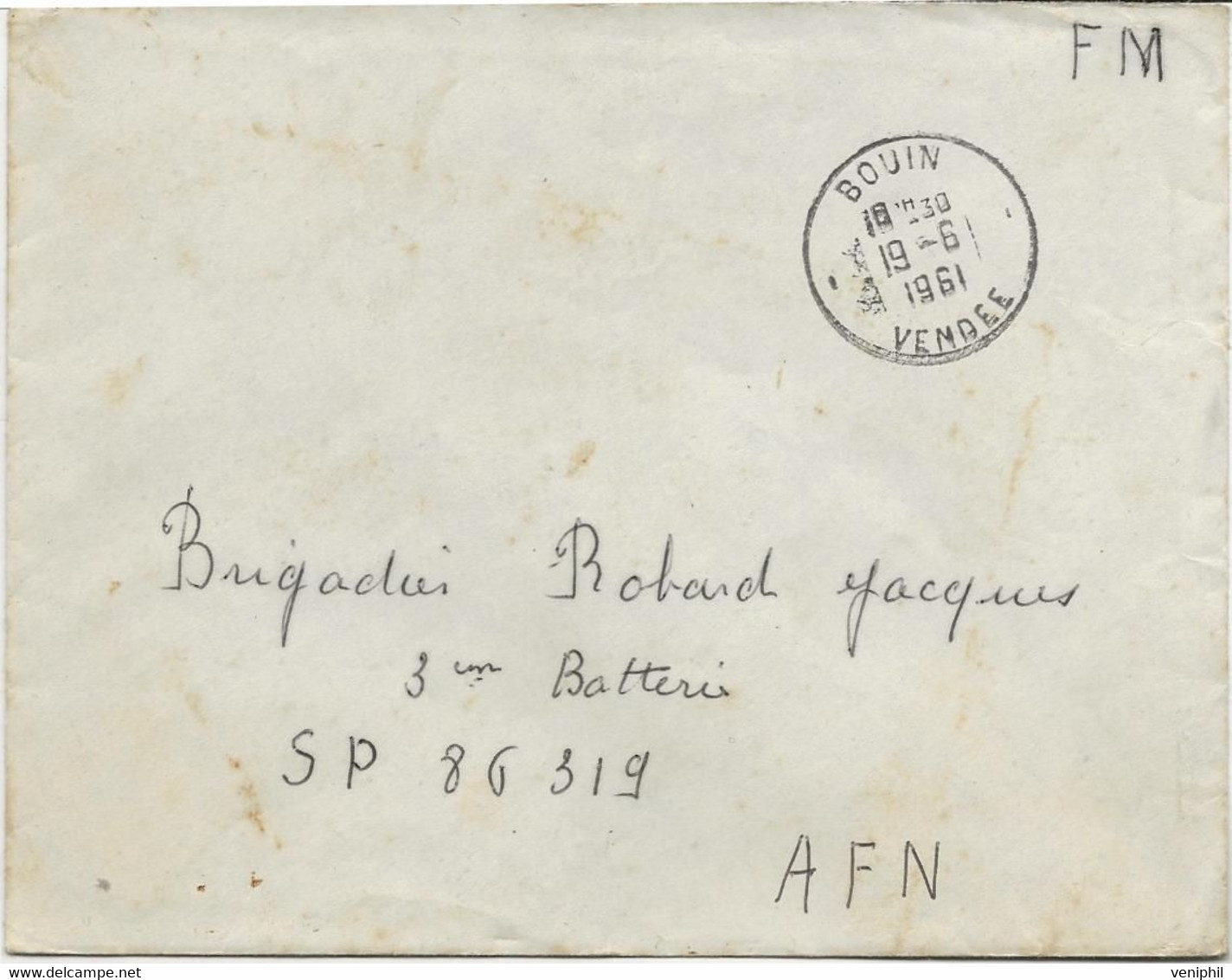 LETTRE FRANCHISE MILITAIRE OBLITEREE CAD BOUIN -VENDEE - 1961 - Lettres & Documents