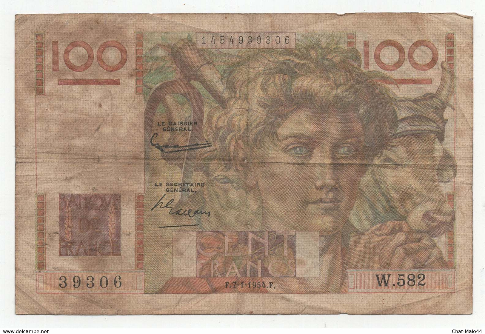 France. Billet De 100 Francs. Jeune Paysan. F.7.f.1954.F. Billet Usagé - 100 F 1945-1954 ''Jeune Paysan''