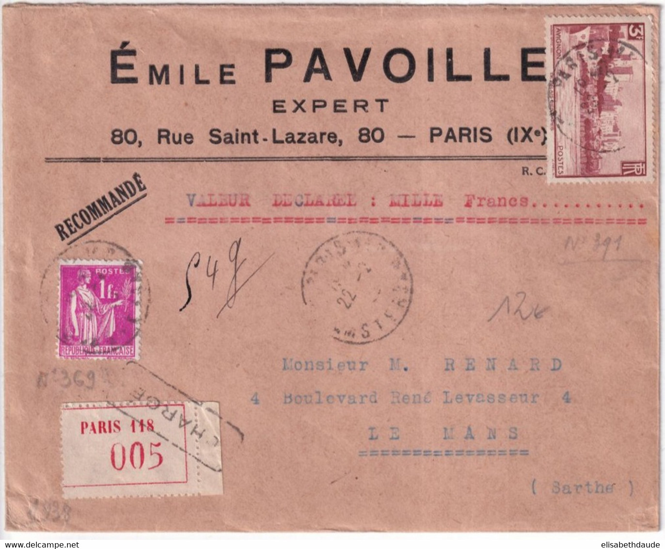 1939 - PAIX Sur ENVELOPPE CHARGEE VALEUR DECLAREE ! De PARIS - 1932-39 Paz