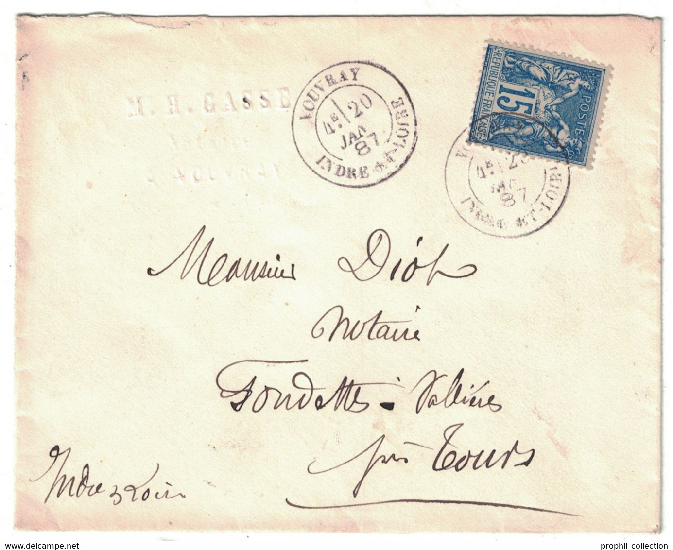 CAD VOUVRAY INDRE ET LOIRE Sur LETTRE 1887 AFFRANCHIE SAGE 15c BLEU Pour PRES DE TOURS - 1877-1920: Semi-moderne Periode