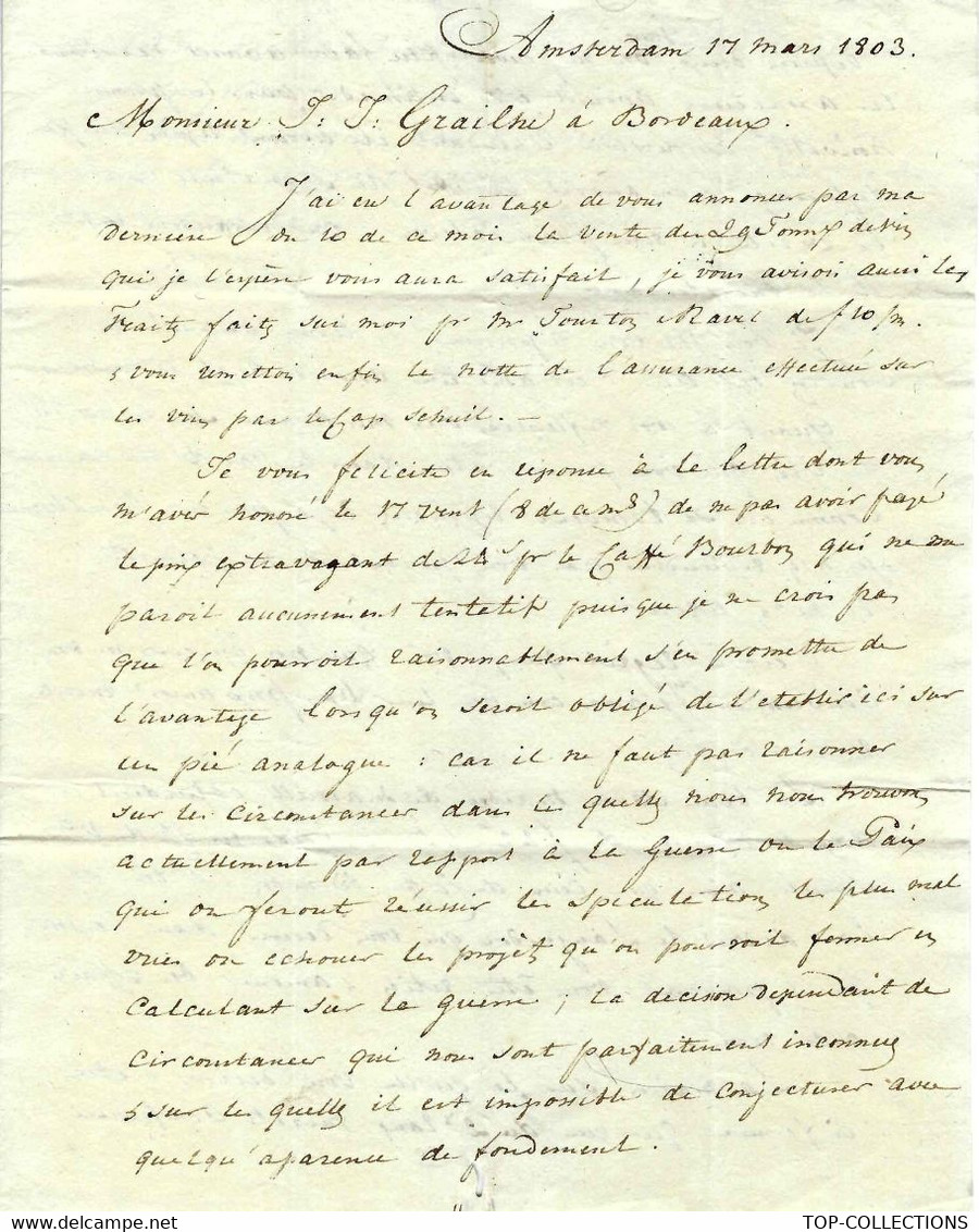 NAPOLEON GUERRE OU PAIX N 1803 "HOLLANDE" Dancker à Amsterdam =>Grailhe Bordeaux DENREES COLONIALES - Documents Historiques