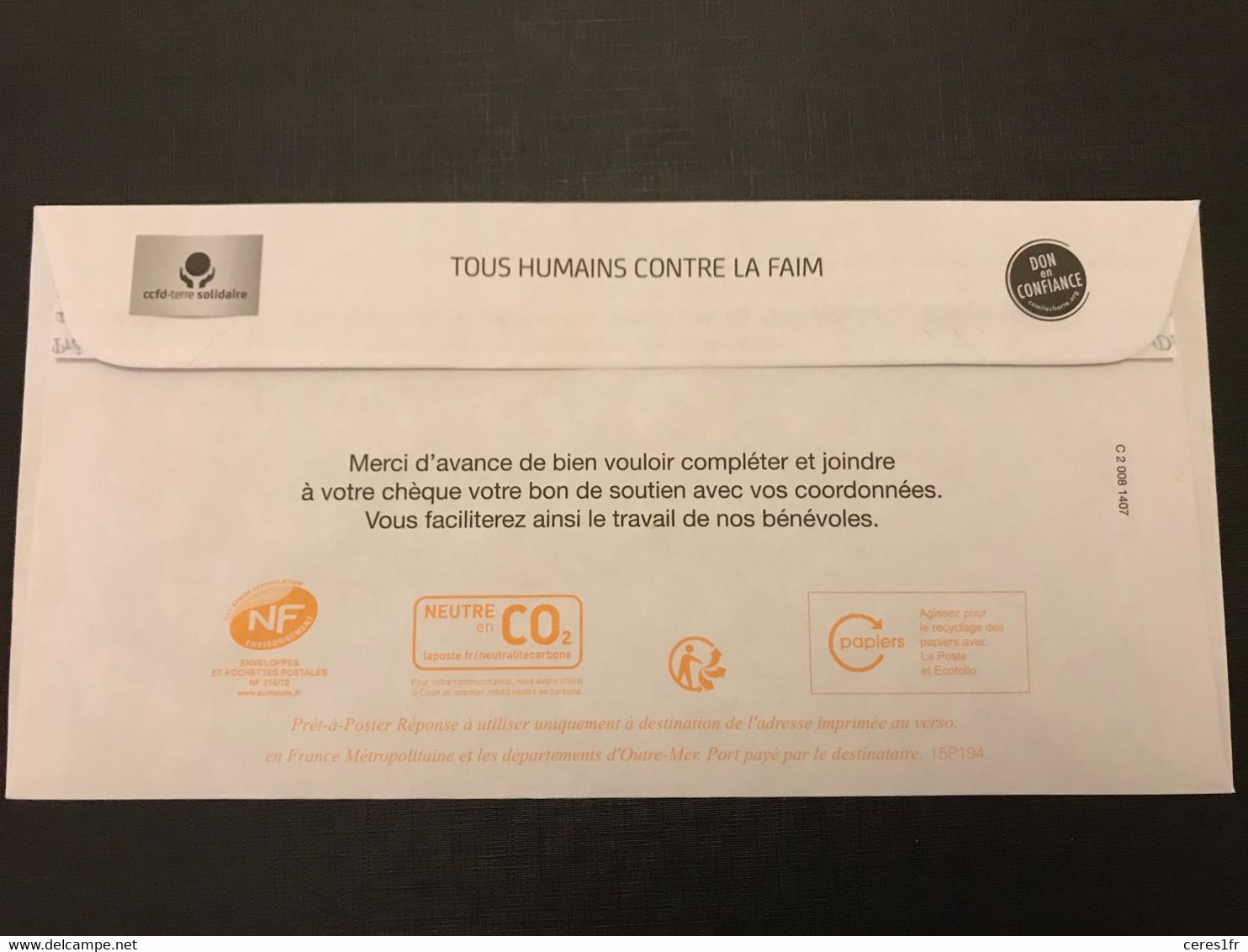 PAP083 - PAP Réponse Neuf 110x220 Marianne De Ciappa-Kavena Tarif LETTRE PRIORITAIRE Repiqué CCFD Terre Solidaire 15P194 - PAP : Antwoord /Ciappa-Kavena