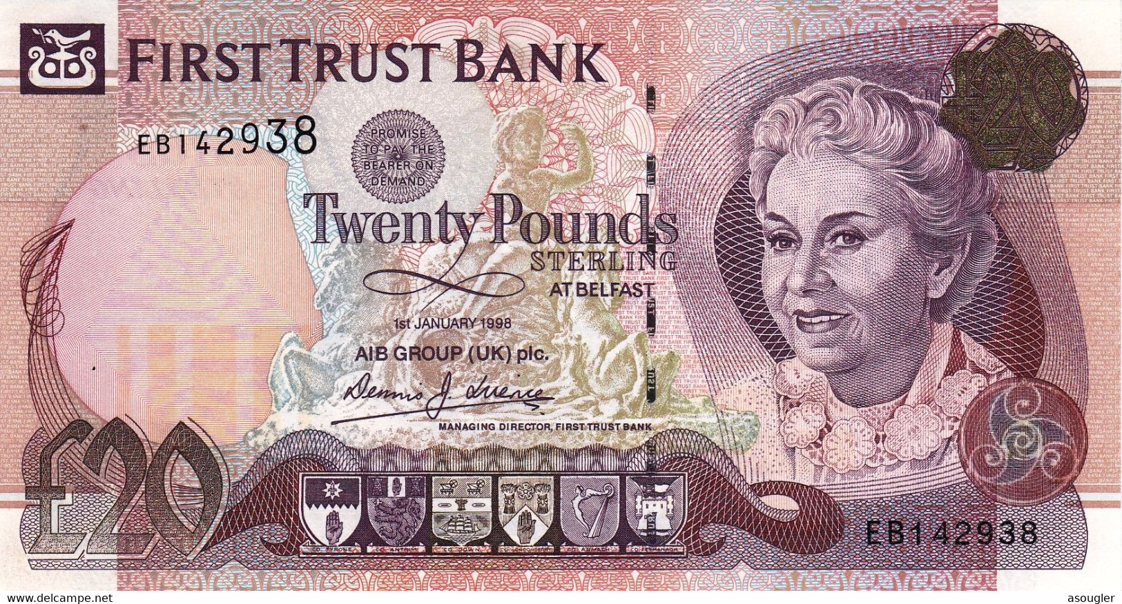 Ireland Northern 20 Pounds 1998 UNC P-137a "free Shipping Via Registered Air Mail" - 20 Pounds