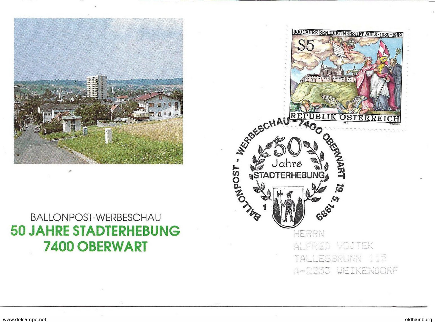 2010l: Heimatbeleg 7400 Oberwart, Ballonpost- Werbeschau 1989 - Oberwart