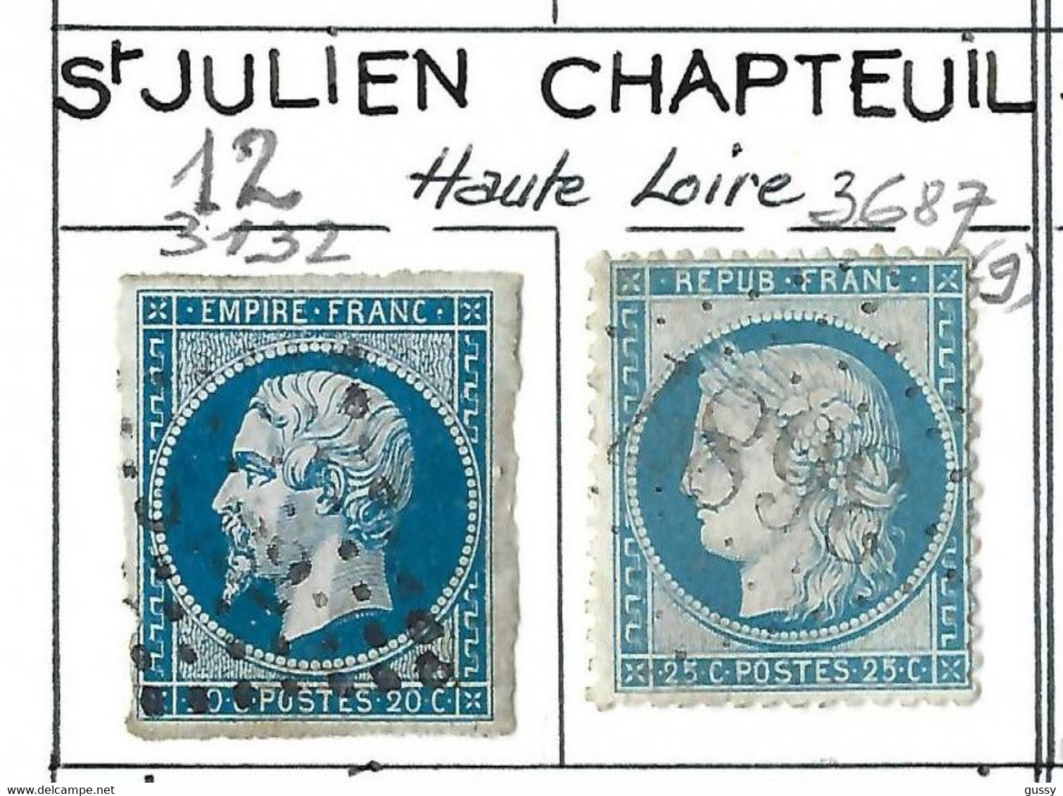 FRANCE Classique,  Obl. PC Et GC Des Villes Sur TP Isolés: ST JULIEN-CHAPTEUIL (Hte Loire), PC 3132 (12) Et GC 3687 (9) - Sonstige & Ohne Zuordnung