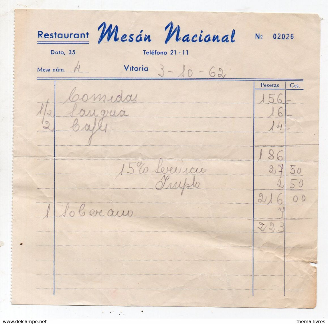 Vitoria  (Espagne) Facture 1962 RESTAURANTMESON NACIONAL   (PPP34758) - Spain