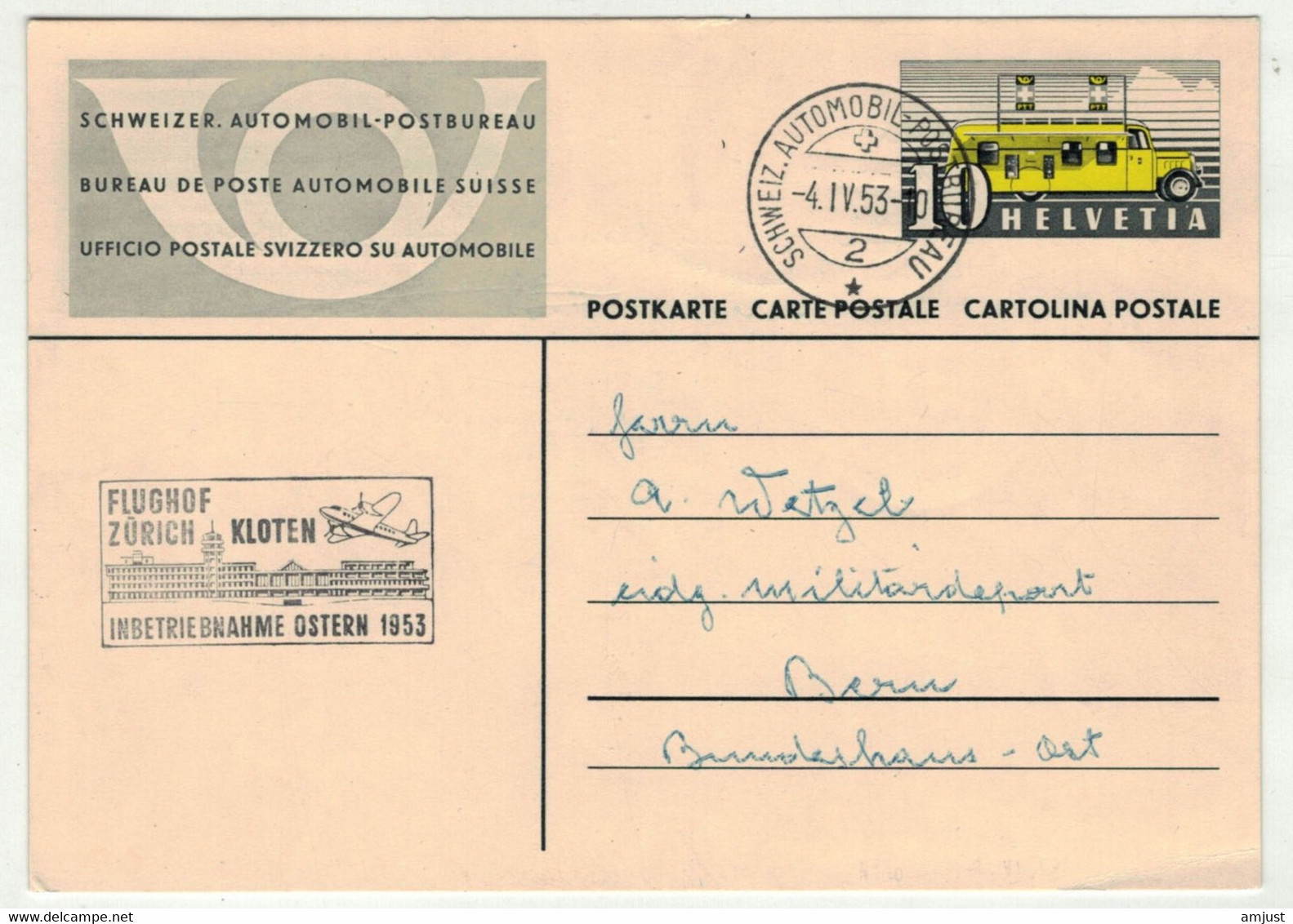 Suisse// Schweiz // Switzerland // Entier Postaux // Entier Postal ,BPA,Flughof Zurich-Kloten 4.04.1953 (A609) - Entiers Postaux