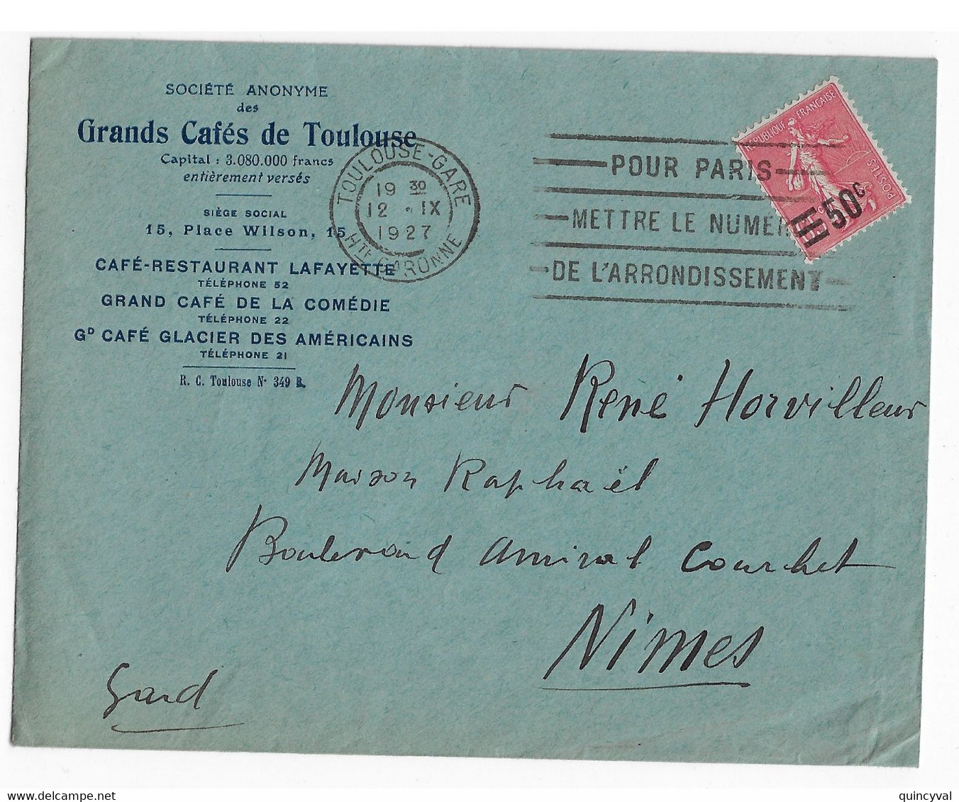 TOULOUSE-GARE Lettre Entête Grands Cafés De Touloise 50c/65c Semeuse Lignée Yv 224 Ob 127 Méca Franker TOU705 Mettre N° - Briefe U. Dokumente