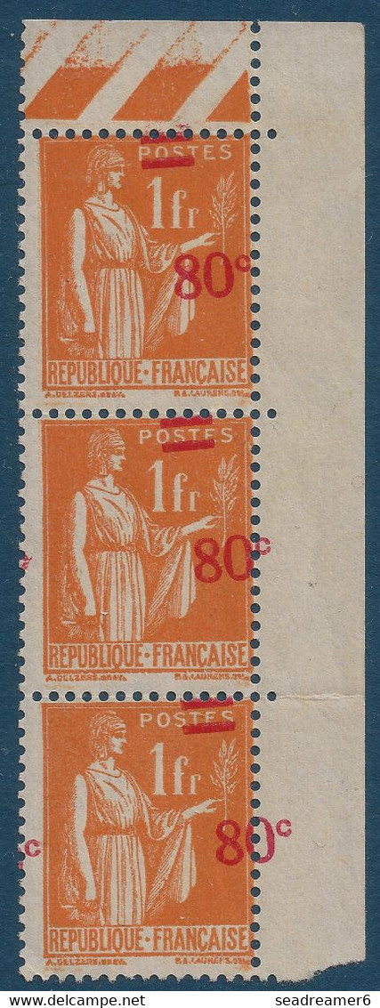 PAIX N°359* 0fr80*/** Sur 1fr Bande De 3 CDFeuille Surcharge Très Décalée Faisant 8c Au Lieu De 80c RR Signé CALVES - 1932-39 Paz