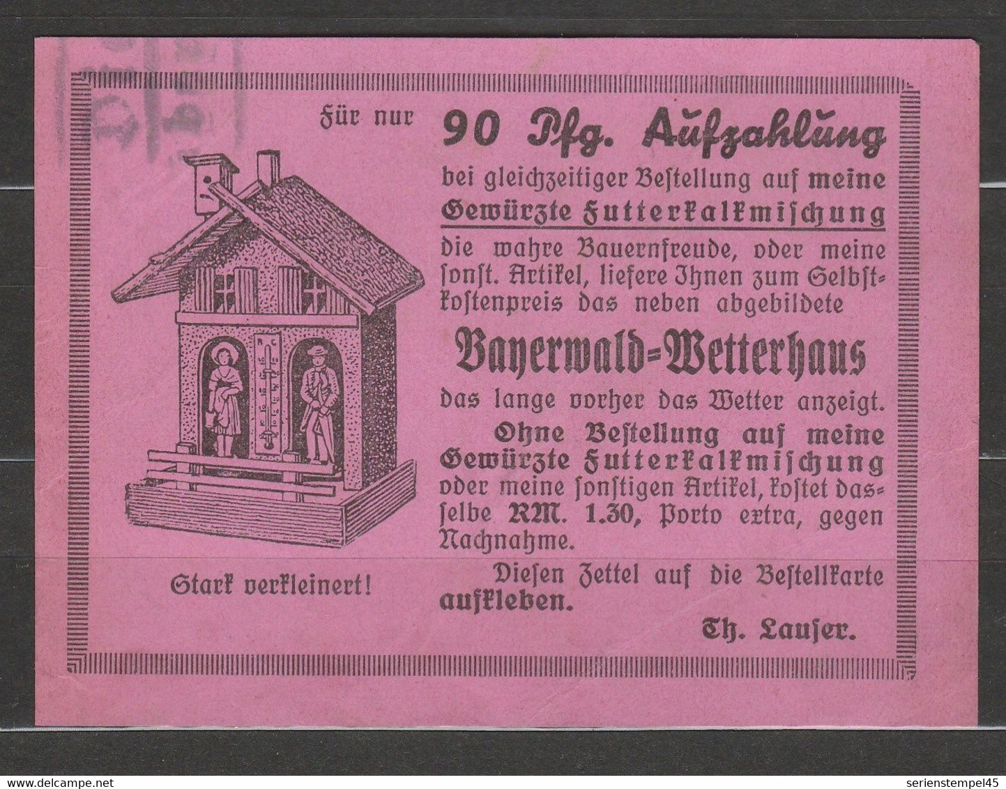 Bayernwald Wetterhaus 90 Pfg Aufzahlung Th Laufer Chemische Fabrik Regensburg 1937 - Sin Clasificación