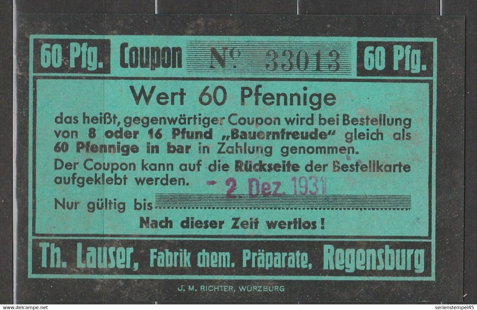 60 Pfennige 1931 Deutsches Reich, Bayern, Regensburg Th Lauser Fabrik Für Chem. Präparate - Non Classificati