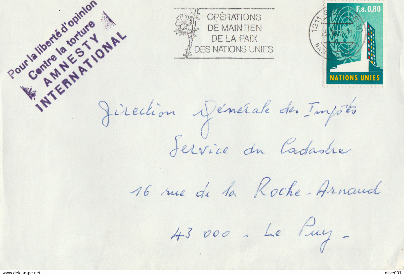 Lettre Des Nations Unies De Genève Voyagée Pour Le Puy France Oblitération Genève Du 22/10/1977 Amnesty International - Brieven En Documenten