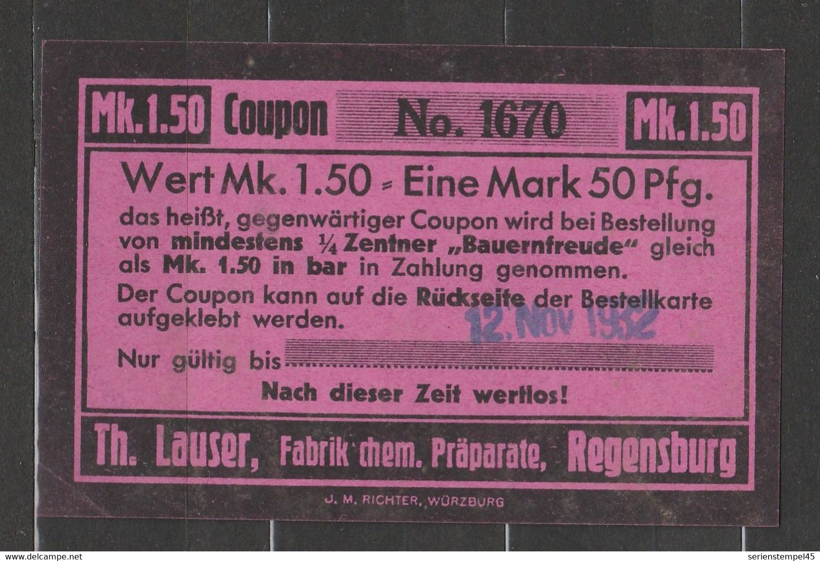 1,50 Mark  Pfennige 1932 Deutsches Reich, Bayern, Regensburg Th Lauser Fabrik Für Chem. Präparate - Non Classificati