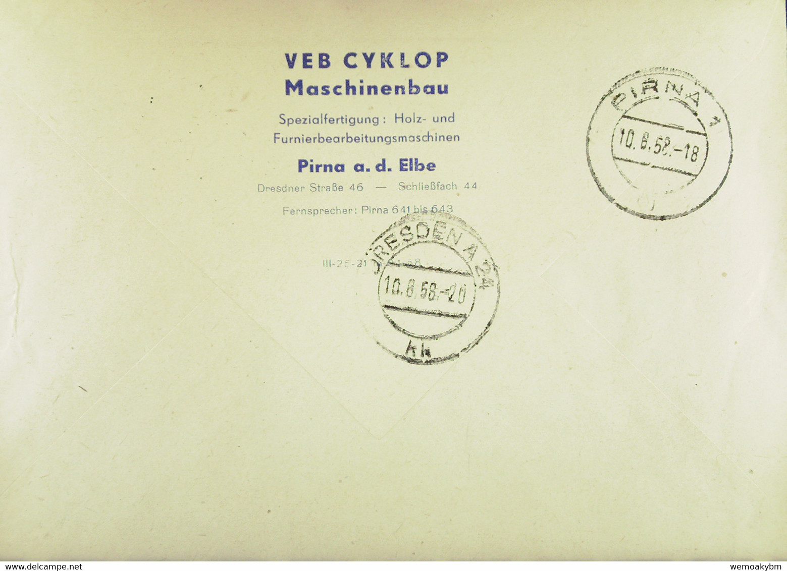 Fern-Brief Mit ZKD-Streifen Lfd.Nr: =M-493220= PIRNA 1 Vom 10.8.58 Abs: VEB CYKLOP Maschinenbau Pirna  Knr: 17 M - Central Mail Service