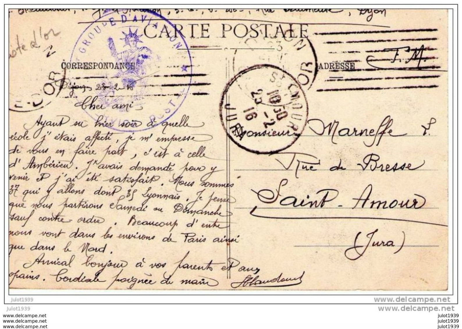 DIJON ..-- GARE  . TRAIN . CACHET MILITARIA AVIATION . 1916 De DIJON Vers ST - AMOUR . Voir Verso . - Dijon