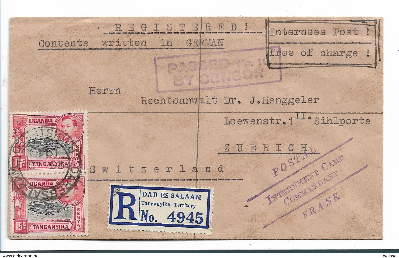 Tan014 / TANGANYIKA - Internierten Post Aus DAR ES SALAM - In Die Schweiz  1940. Einschreiben Bezahlt. - Kenya, Uganda & Tanganyika