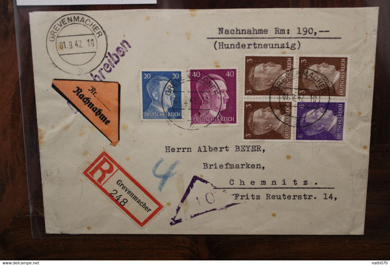 LUXEMBURG 1942 Grevenmacher Einschreiben Nachnahme Cover Luxembourg WK2 Registered Recommandé Chemnitz - 1940-1944 Occupazione Tedesca