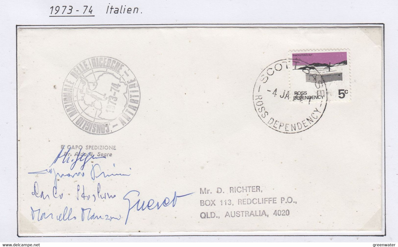 Ross Dependency 1971 Cover Scott Base Ca Italian Expedition 5 Signatures Ca 4 JA 71 (SC144A) - Brieven En Documenten