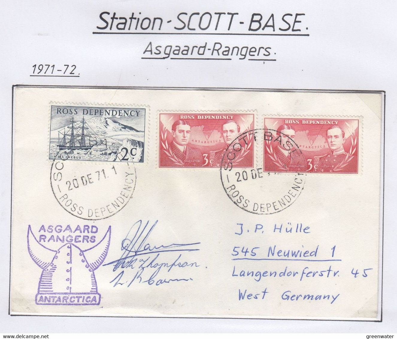 Ross Dependency 1971 Cover Scott Base Ca  Asgaard Rangers 3 Signatures Ca Scott Base 20 DE 71 (SC145A) - Briefe U. Dokumente