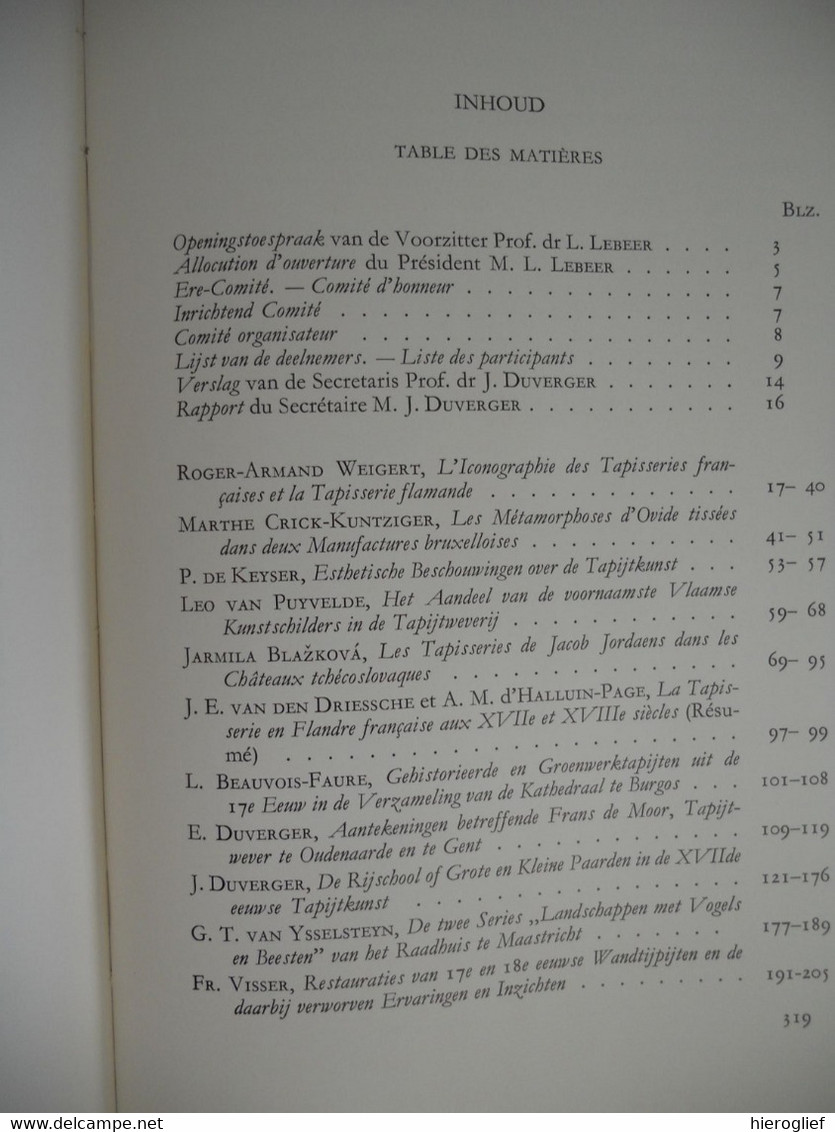 HET HERFSTTIJ vd VLAAMSE TAPIJT KUNST colloquium brussel 1959 la tapîsserie flamande aux 17e et 18e siècle colloque