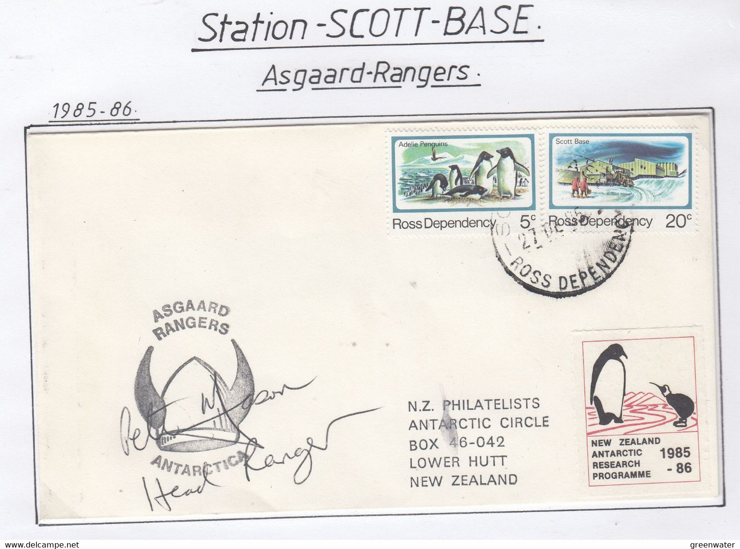 Ross Dependency 1986 Cover Scott Base  + Label Ca  Asgaard Rangers 2 Signatures Ca Scott Base 27 DE 85 (SC146) - Briefe U. Dokumente