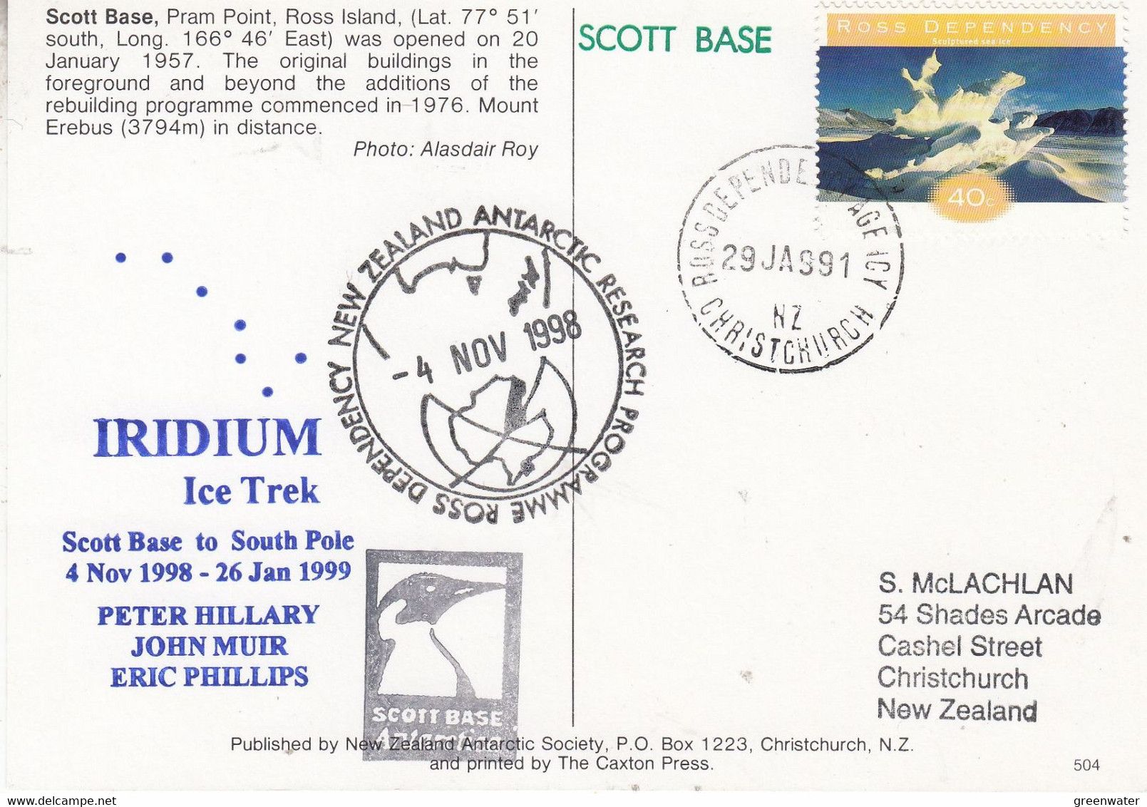 Ross Dependency 1999 Scott Base Postcard Iridium Ice Trek Ca Ross 29 JA 99 (SC147A) - Covers & Documents