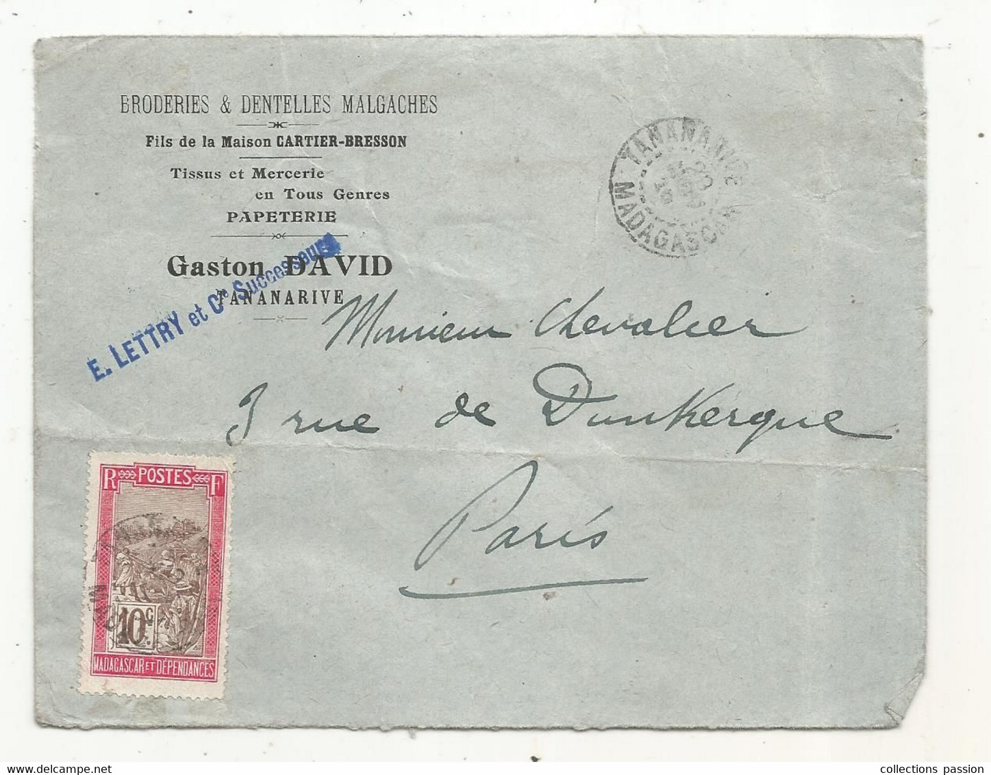 Lettre, Madagascar Et Dependances, TANANARIVE, 1910 , Broderies & Dentelles Malgaches - Storia Postale