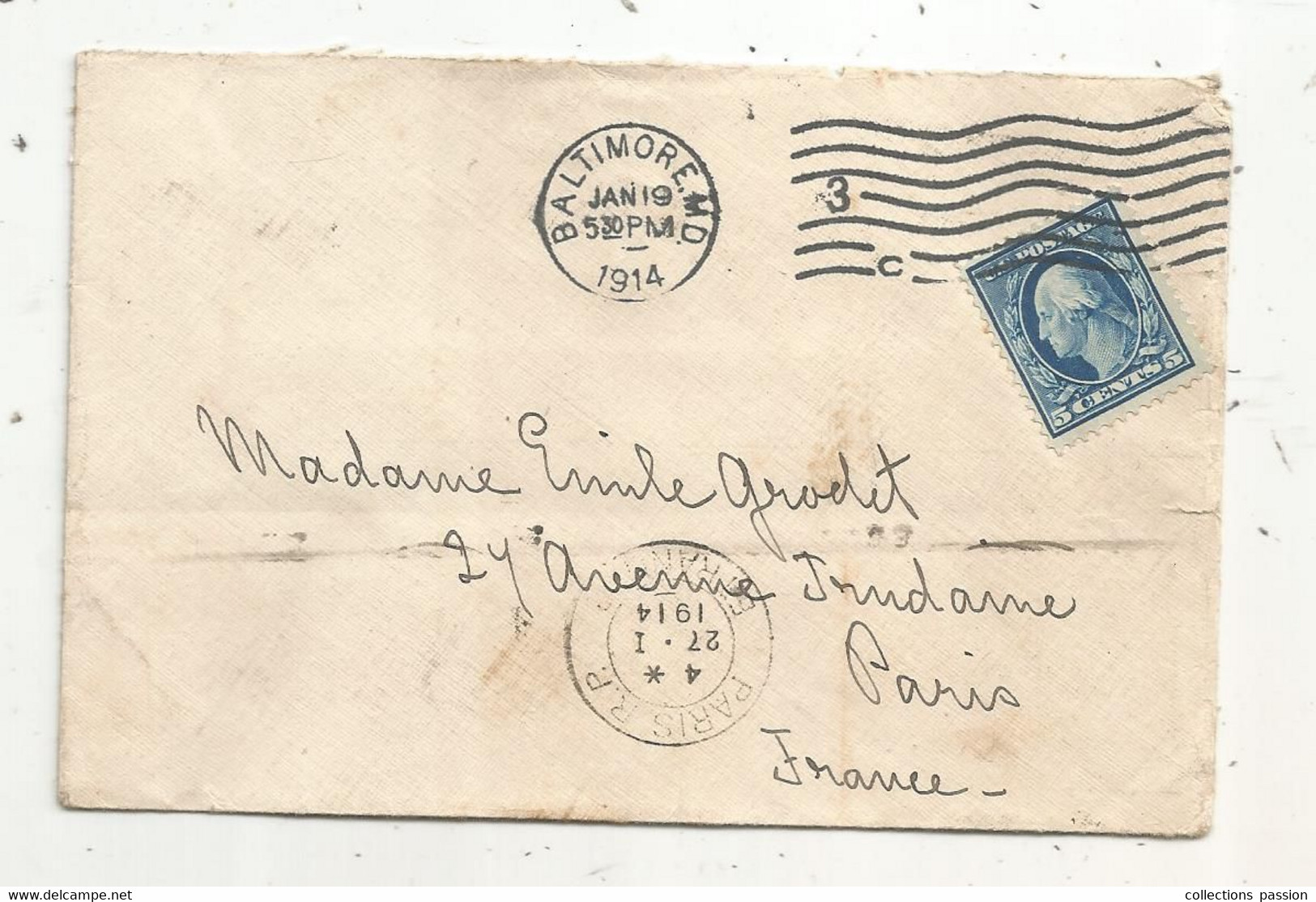 Lettre, 1914 , BALTIMORE , 5 Cents , PARIS R.P. - Briefe U. Dokumente