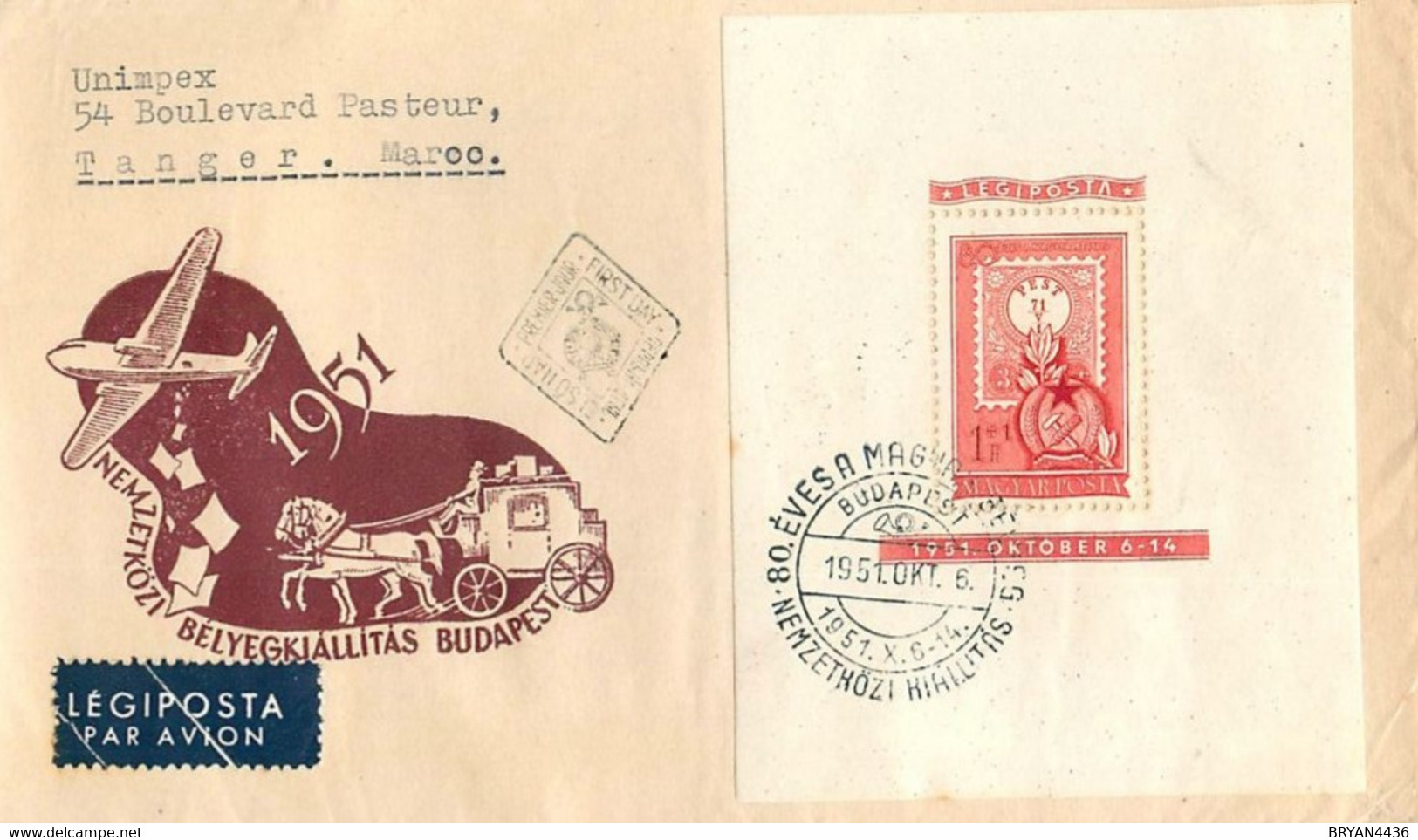 HONGRIE - BLOC N° 27 -  80° ANNIVERSAIRE Du 1° TIMBRE HONGROIS - LEGIPOSTA PAR AVION  Vers MAROC 1° JPOUR 06 OCT 1951 - Storia Postale