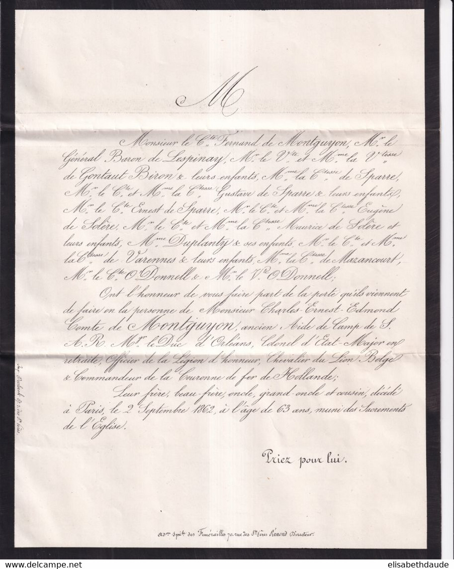 1862 - TARIF SPECIAL 5c FAIRE-PART ! (DECES Du COMTE De MONTGUYON AIDE DE CAMP Du D'ORLEANS) - LETTRE De PARIS - 1853-1860 Napoleon III