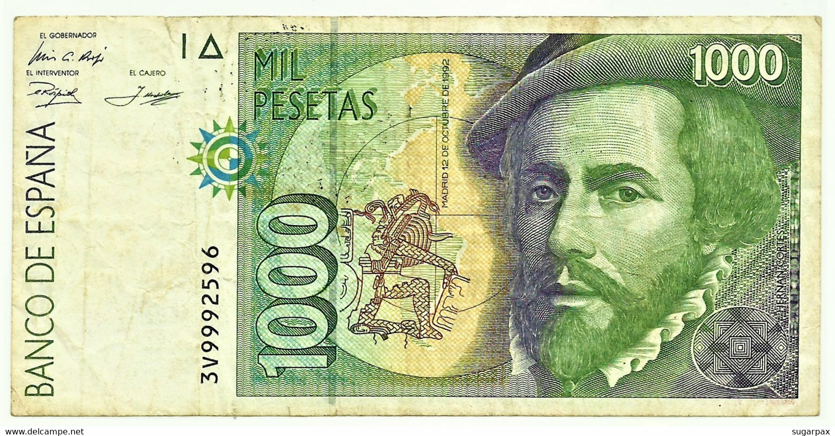 ESPAÑA - 1000 Pesetas - 12.10.1992 ( 1996 ) - Pick 163 - Serie 3V - Hernan Cortes / Francisco Pizarro - 1.000 - [ 6] Herdenking