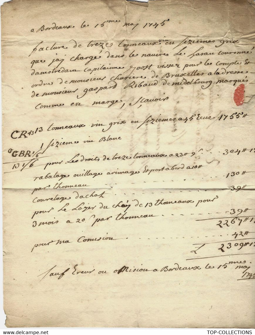 1745 COMPTE  VENTE VINS DE BORDEAUX => Secrétaire Son Excellence Monseigneur Le Comte De Callemberg Calenberg  Bruxelles - ... - 1799