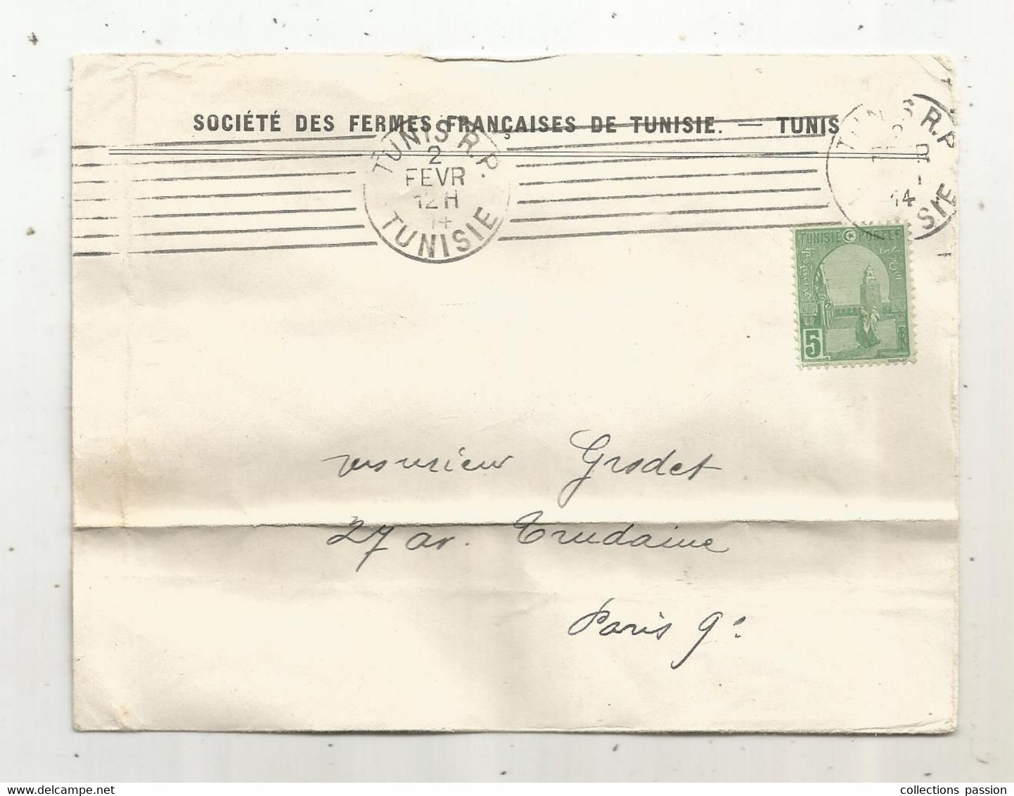 Lettre , TUNISIE, TUNIS R.P. , 1914 , Société Des Fermes Françaises De TUNISIE - Brieven En Documenten