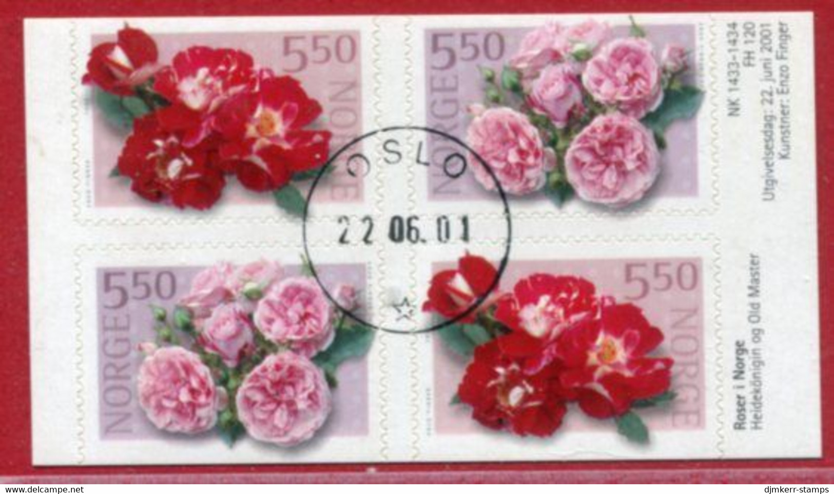 NORWAY 2001 Roses  Pairs In Block Used.  Michel 1392-93 Do-Du - Gebruikt
