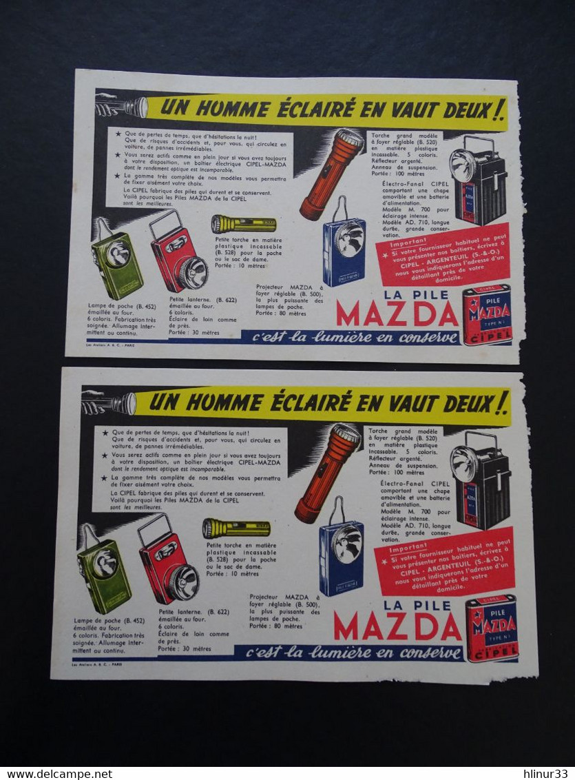 MAZ-H01 - 2 Buvards - Pile MAZDA – Un Homme éclairé En Vaut Deux  - Voir Scans - Baterías