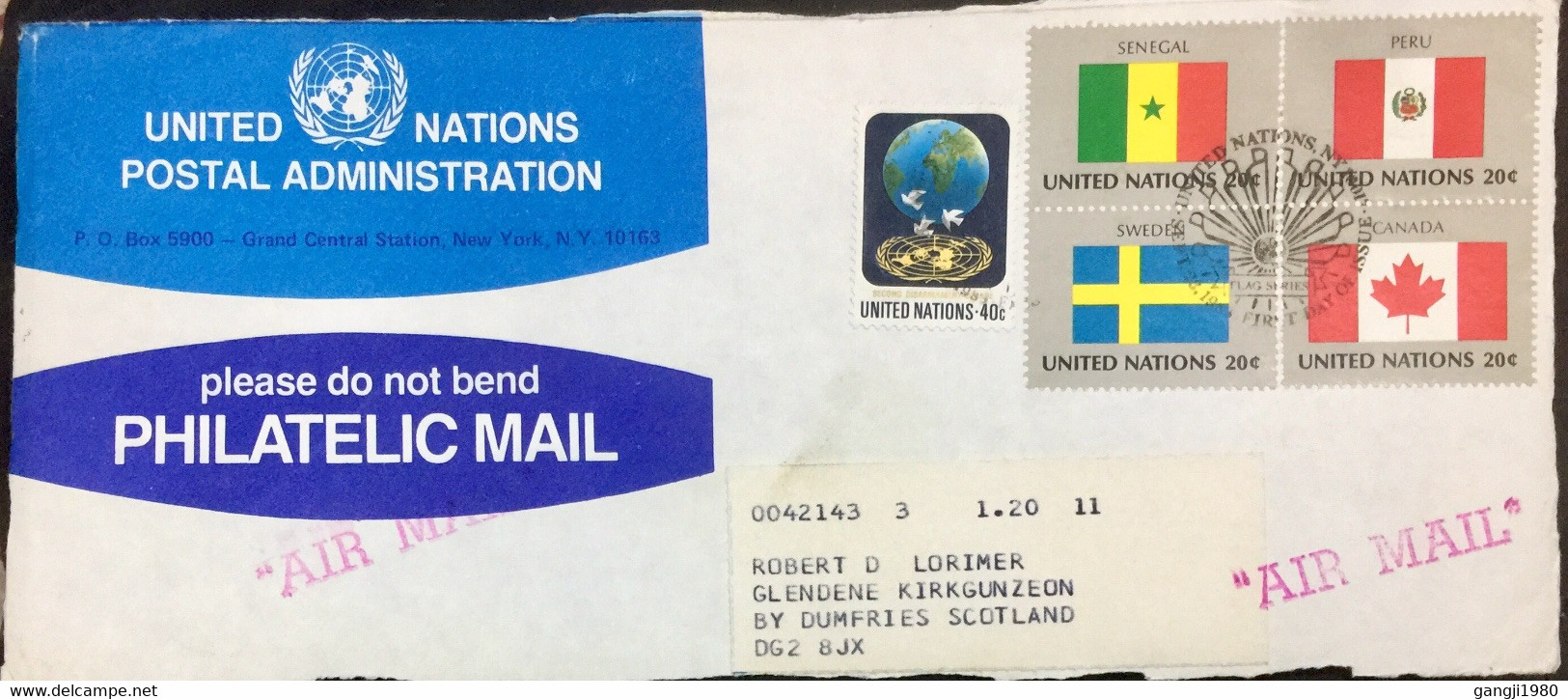 UNITED NATION 2003, FRONT ONLY WITH 5 DIFFERENT STAMPS USED TO SCOTLAND FLAG OF SENEGAL, PERU ,SWEDEN,CANADA COUNTRIES, - Briefe U. Dokumente