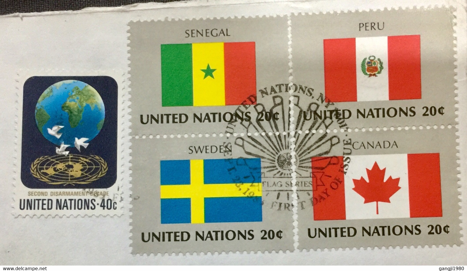UNITED NATION 2003, FRONT ONLY WITH 5 DIFFERENT STAMPS USED TO SCOTLAND FLAG OF SENEGAL, PERU ,SWEDEN,CANADA COUNTRIES, - Lettres & Documents