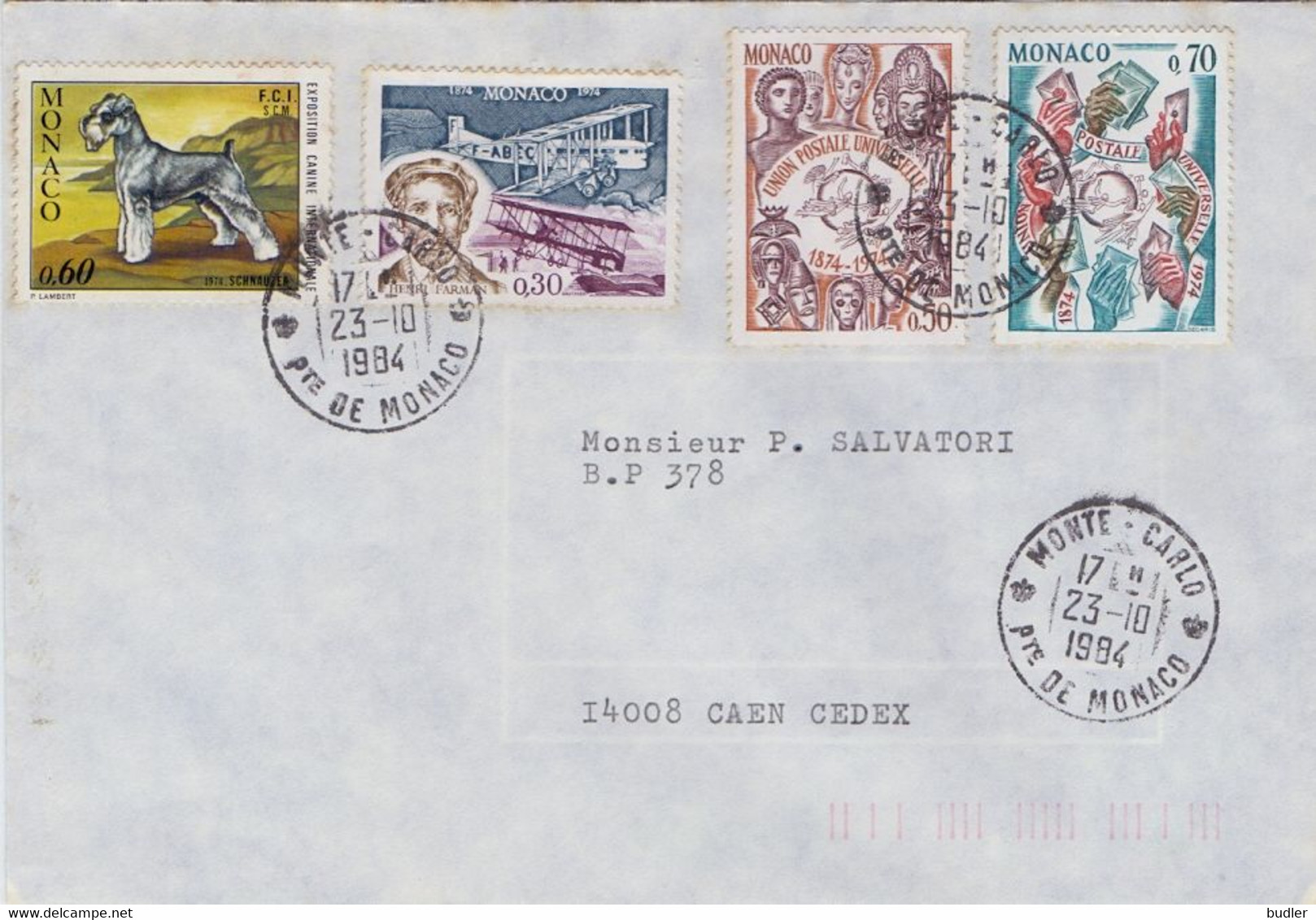 MONACO :1984: Y.953-54 + 959 + 963 On Travelled Cover : CHIEN,DOG,Henri FARMAN,U.P.U., - Lettres & Documents