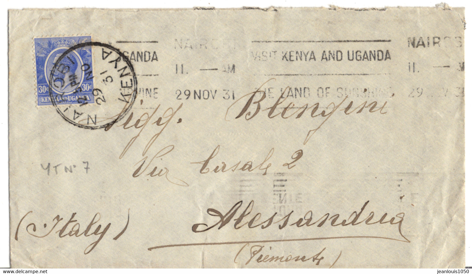 KENYA ET OUGANDA YT N°7 OBLITERE SEUL SUR LETTRE DE NAIROBI POUR L'ITALIE - Other & Unclassified