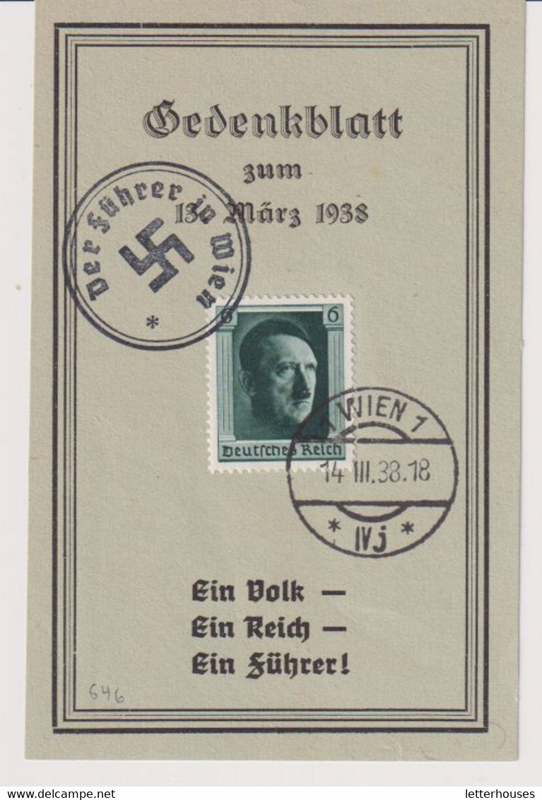 Mi. 646, Gedenkblatt Wien, 14.3.38, NST Der Führer In Wien - Lettres & Documents