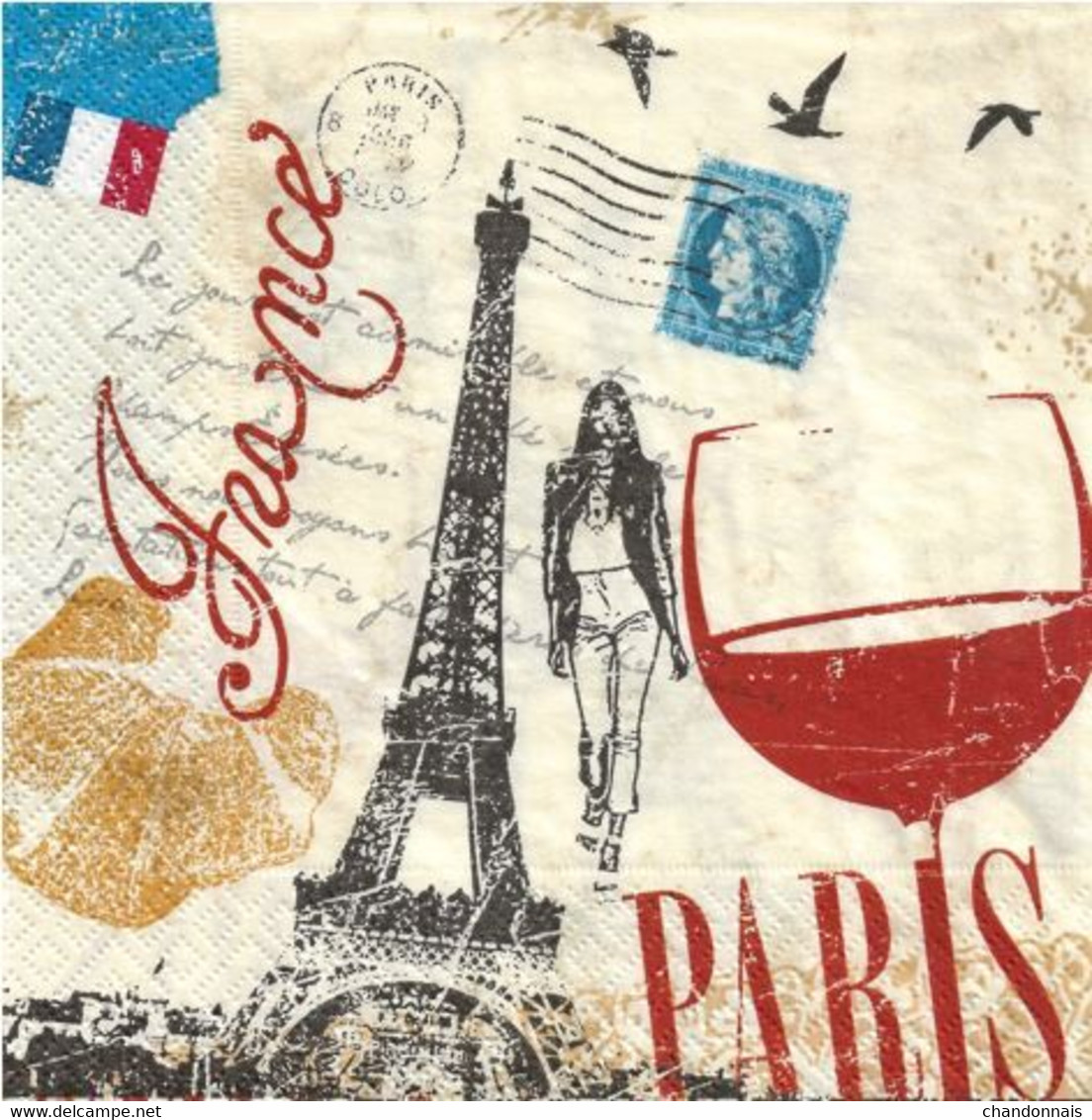 (L 515) Serviette En Papier (philatélie, Timbre) N° 4 Cérès Illustré Verre De Vin, Tour Eiffel - Reclameservetten