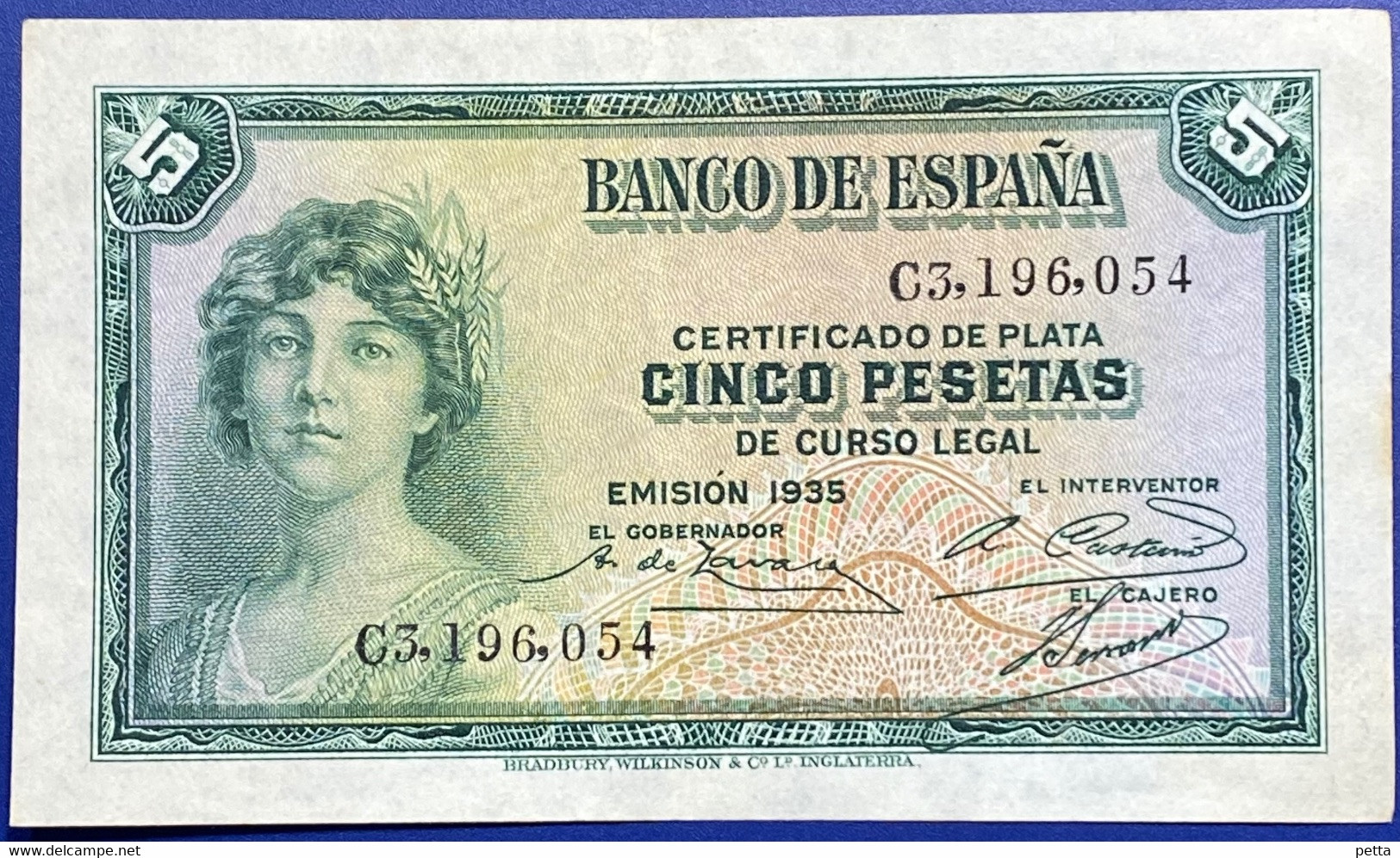 Billet De 5 Pesetas De 1935 Alph C 3,196,054. …. Vendu En L’état - 5 Pesetas