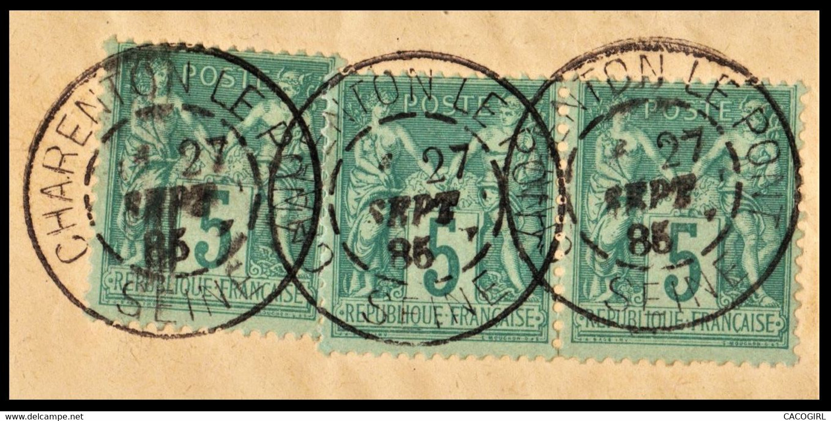 France 1876 Sage N° 75 Ou 75e (3) Type II N Sous U > Belles Oblitérations Charenton Le Pont 1885  > Sur Fragment - 1876-1898 Sage (Type II)