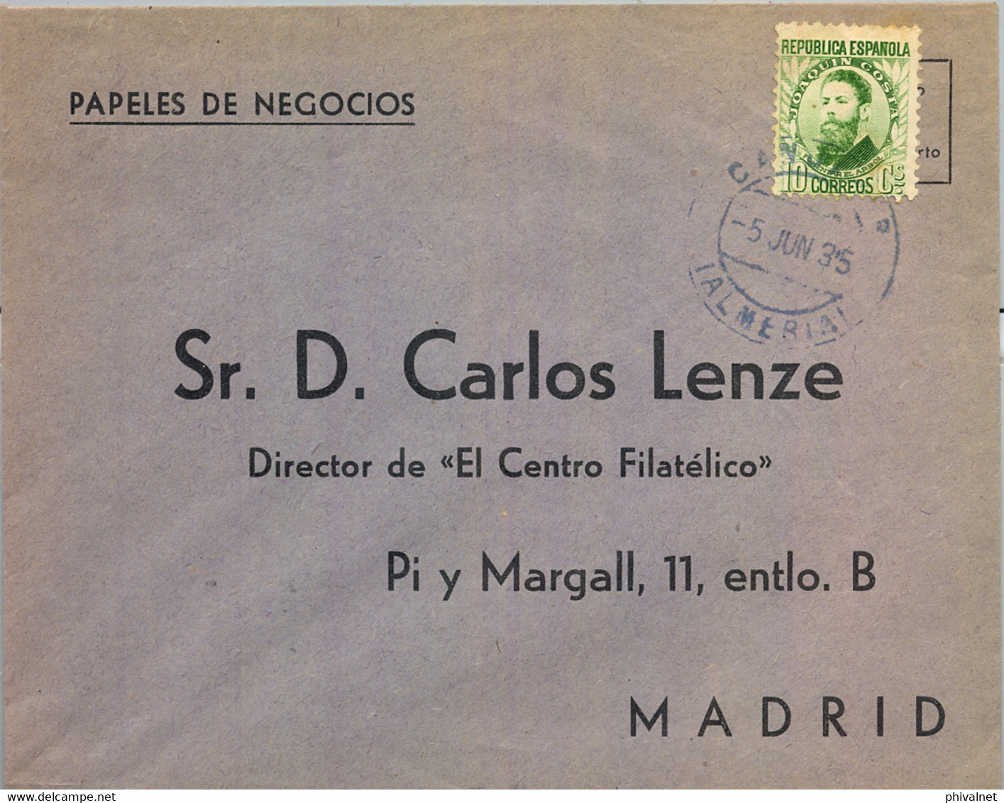 1935 , ALMERIA , SOBRE CIRCULADO , PAPELES DE NEGOCIO , CANJÁYAR - MADRID , FECHADOR AZUL , LLEGADA CARTERIA 1º REPARTO - Briefe U. Dokumente