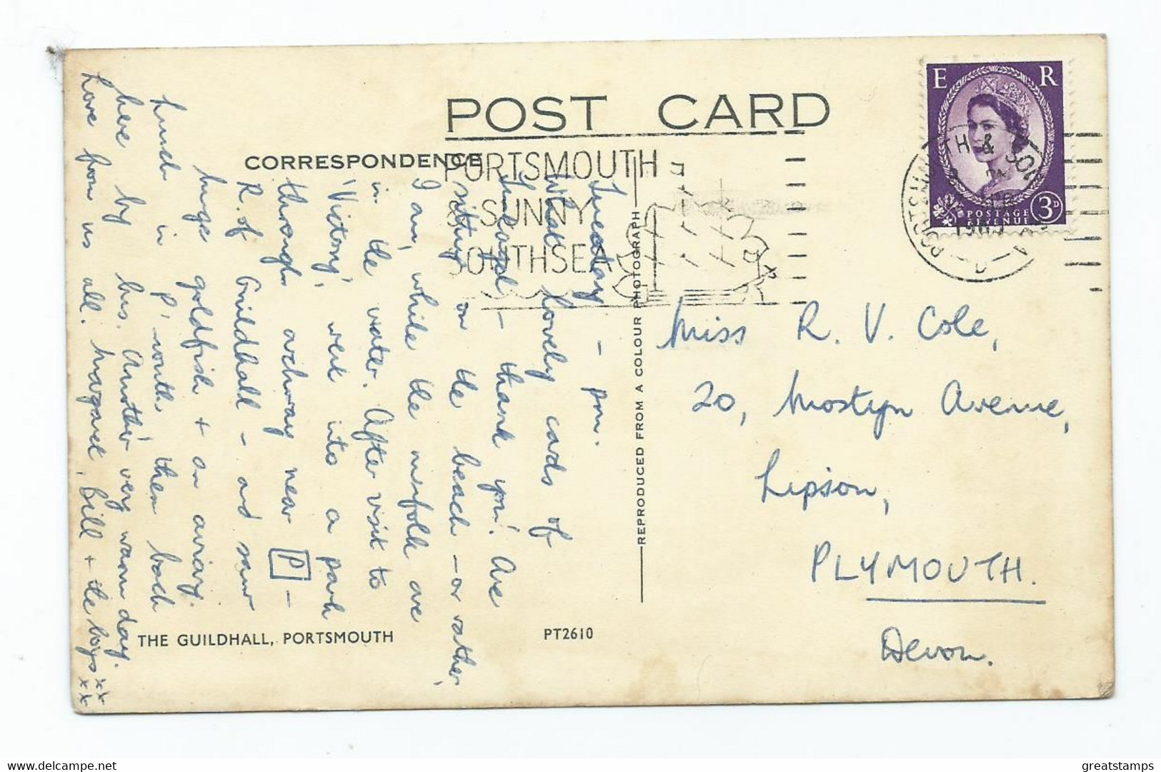 Hampshire   Postcard  Portsmouth The Guildhall Vintage Posted 1965 - Portsmouth