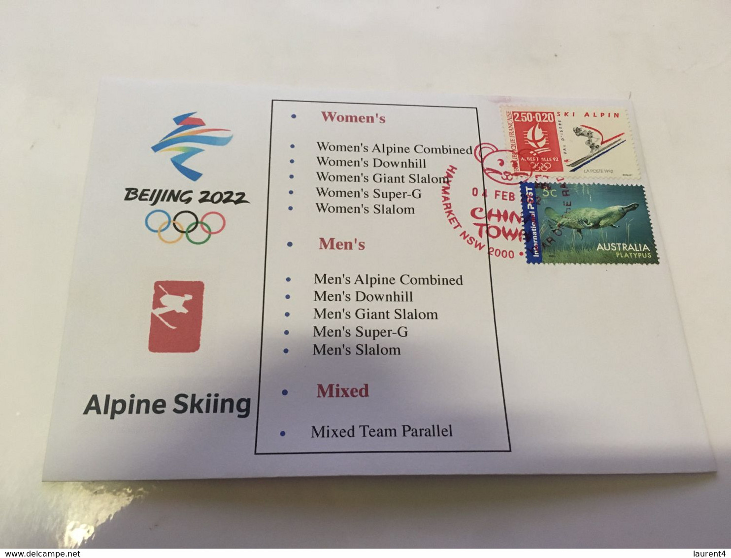 (1 G 26) Beijing 2022 Winter Olympic Games - Postmarked Opening Day Of The Games 4-2-2022 - Alpine Skiing - Inverno 2022 : Pechino