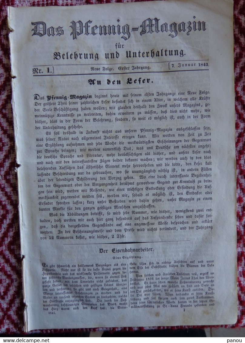 DAS PFENNIG MAGAZIN Nr 1.  7 Januar 1843. - Sonstige & Ohne Zuordnung