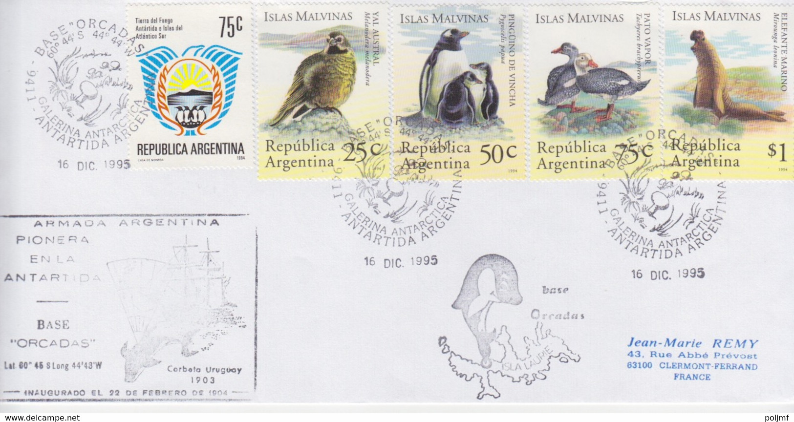 Polaire Argentin, Lettre Obl. Base Orcades Le 16 Dec 95 Sur TP N° 1849 à 1852 (faune Des îles Malouines) 1854 - Covers & Documents