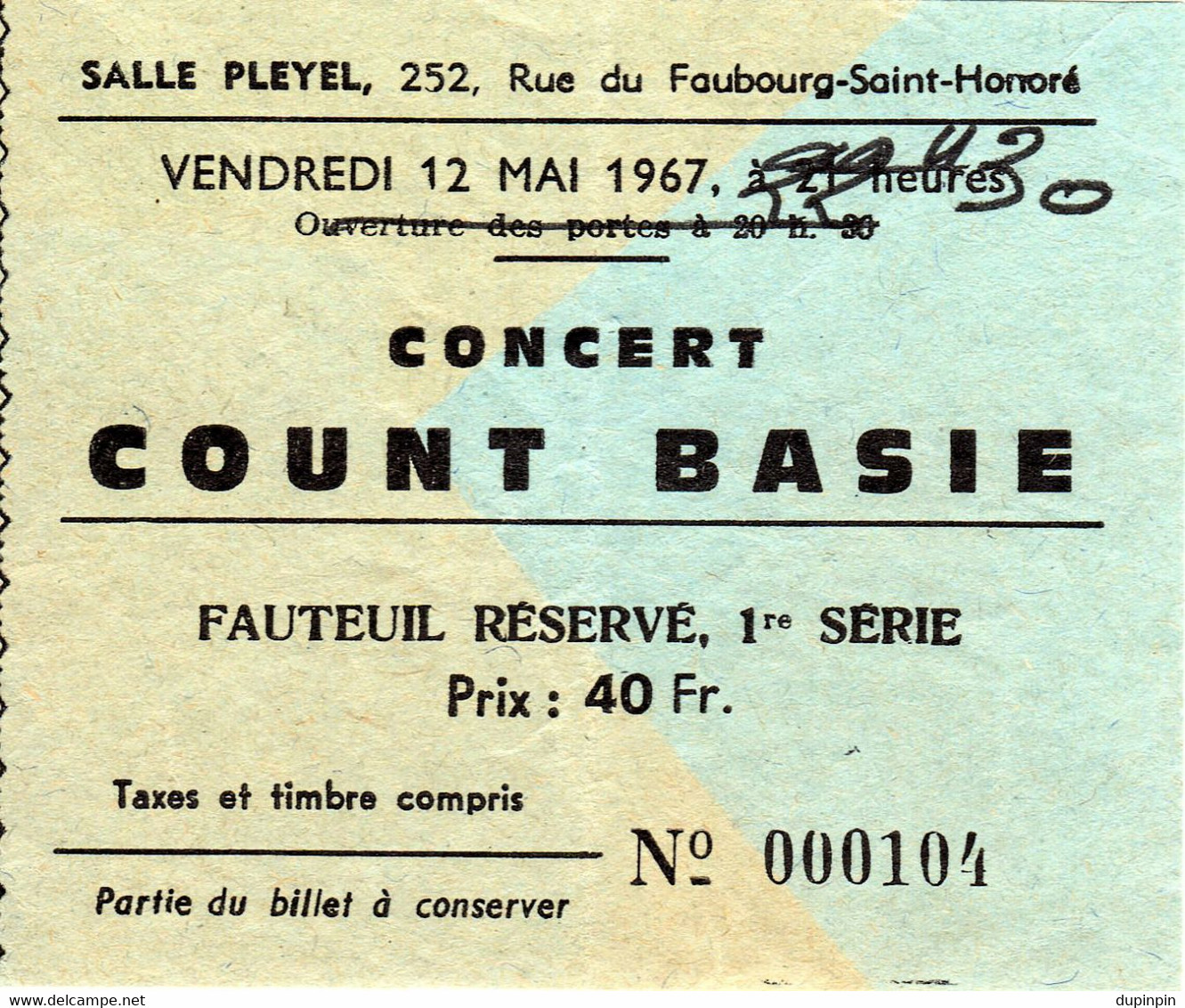 CONCERT COUNT BASIE - Salle Pleyel 12 Mai 1967 - Concert Tickets