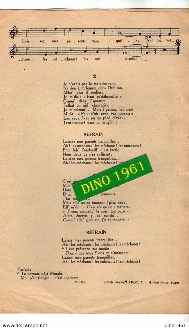 VP19.227 - PARIS - Ancienne Partition Musicale ¨ Laissez Mes Parents Tranquilles ¨ Par POL - NUD / Paroles De PH.GOUDARD - Spartiti